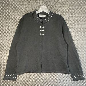 Vintage San Remo by Laura Knits Black Zip Up Gems Elegant Wear Women's Sweater L